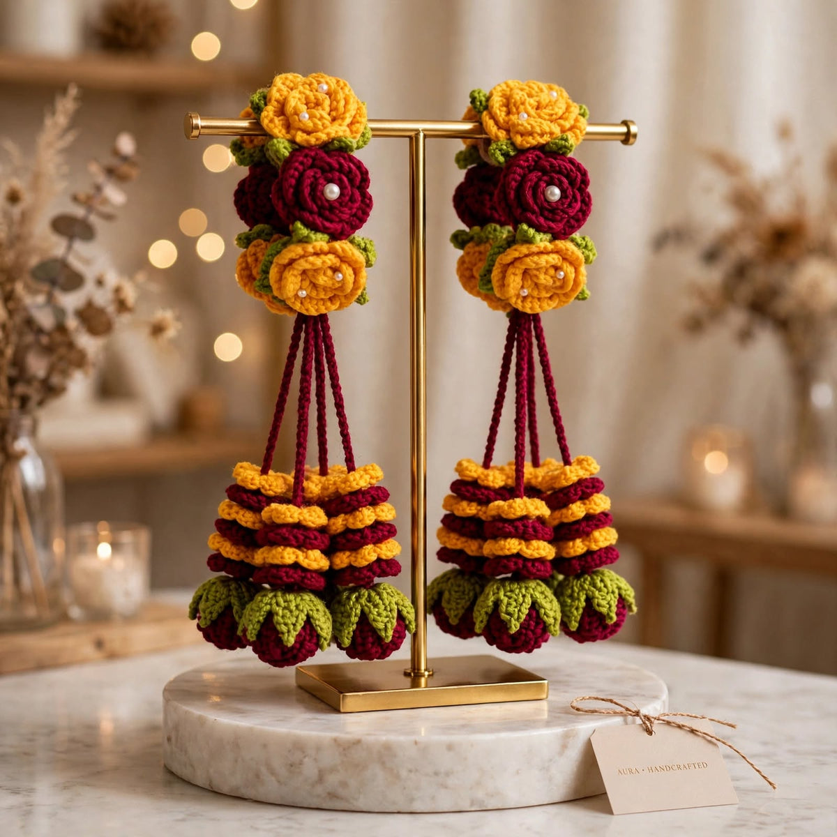 Homemade Crochet Mendhi Bridal Gajraa Set-Dark colors