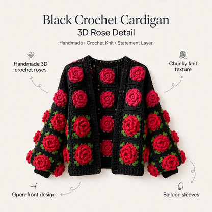 Handmade Crochet Red Rose Cardigan – Black & Red Floral Open Front Sweater