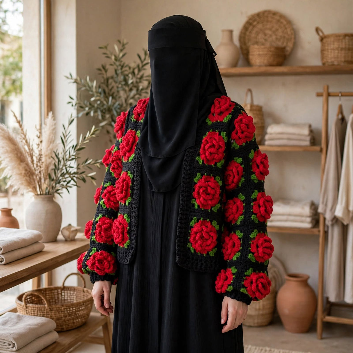 Handmade Crochet Red Rose Cardigan – Black & Red Floral Open Front Sweater