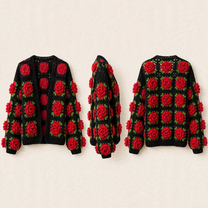 Handmade Crochet Red Rose Cardigan – Black & Red Floral Open Front Sweater