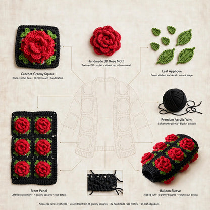Handmade Crochet Red Rose Cardigan – Black & Red Floral Open Front Sweater