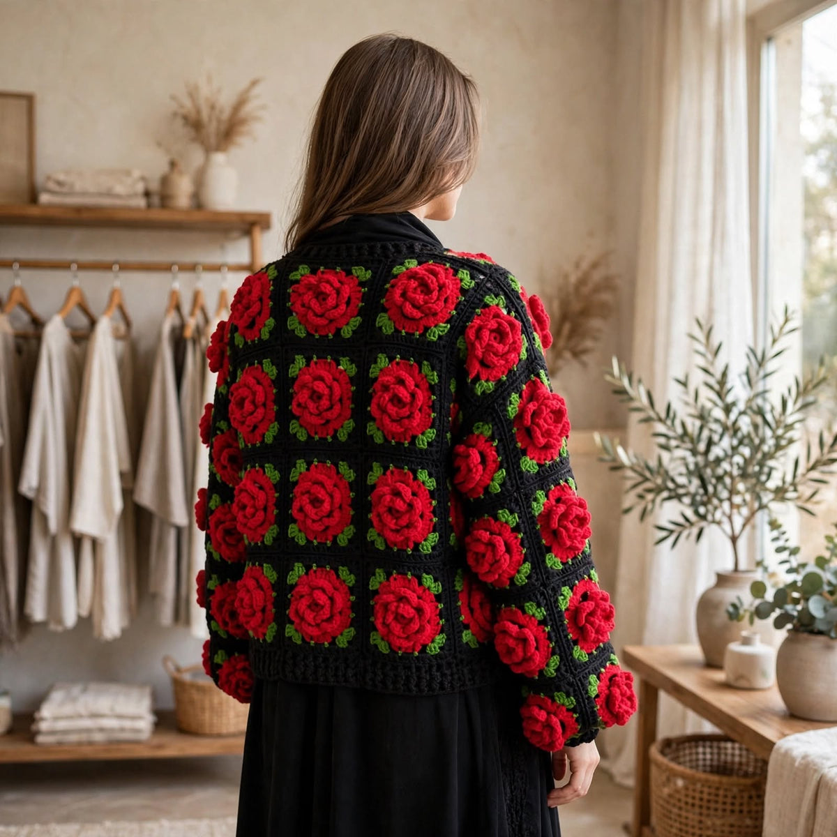 Handmade Crochet Red Rose Cardigan – Black & Red Floral Open Front Sweater