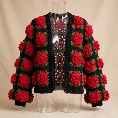 Handmade Crochet Red Rose Cardigan – Black & Red Floral Open Front Sweater