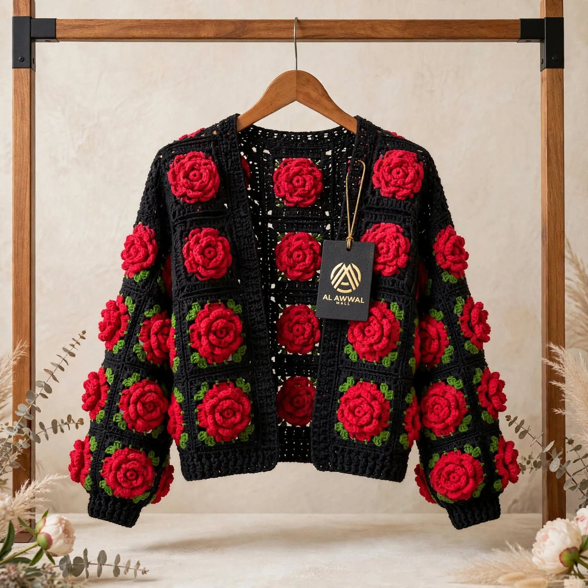 Handmade Crochet Red Rose Cardigan – Black & Red Floral Open Front Sweater