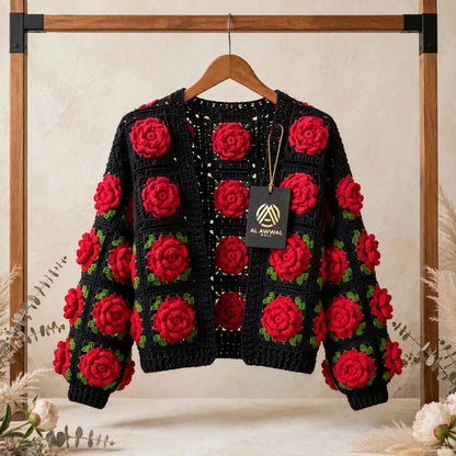 Handmade Crochet Red Rose Cardigan – Black & Red Floral Open Front Sweater