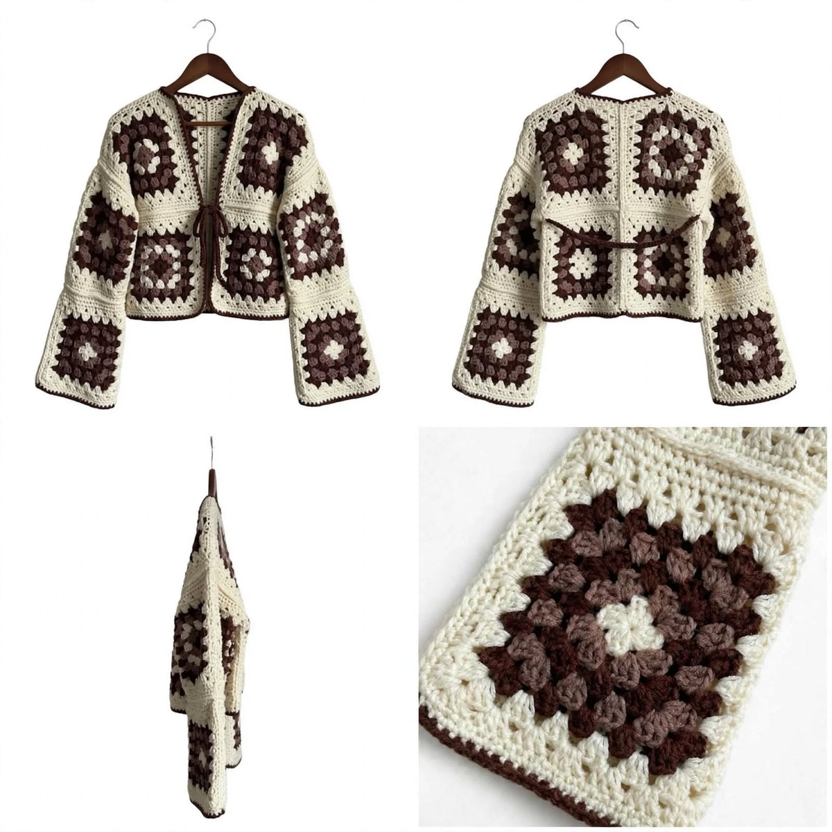 Handmade Crochet Brown & Cream Tie Cardigan – Soft Yarn Sweater