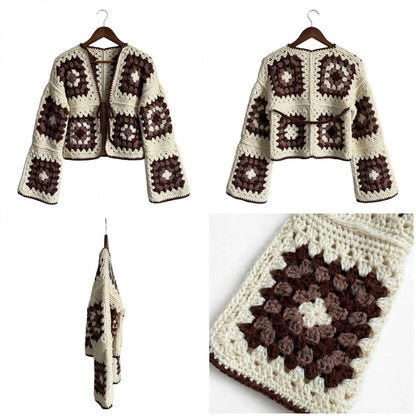 Handmade Crochet Brown & Cream Tie Cardigan – Soft Yarn Sweater