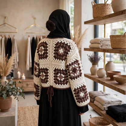 Handmade Crochet Brown & Cream Tie Cardigan – Soft Yarn Sweater