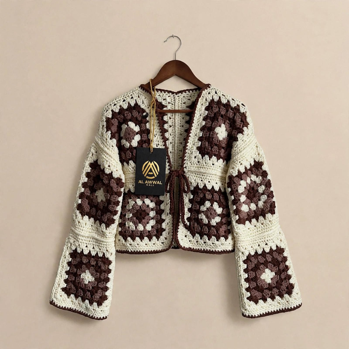 Handmade Crochet Brown & Cream Tie Cardigan – Soft Yarn Sweater