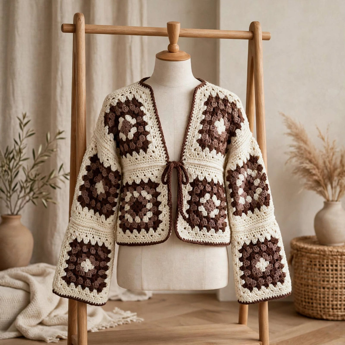 Handmade Crochet Brown & Cream Tie Cardigan – Soft Yarn Sweater