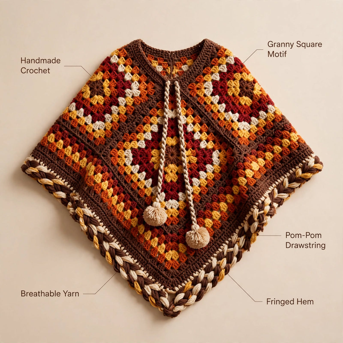 Handmade Crochet Wool Poncho for Girls – Cozy Cape Shawl with Tassels
