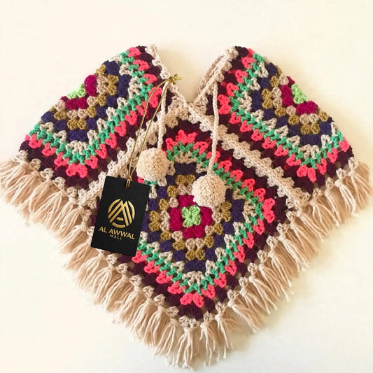 Handmade Crochet Wool Poncho for Girls – Cozy Cape Shawl with Tassels