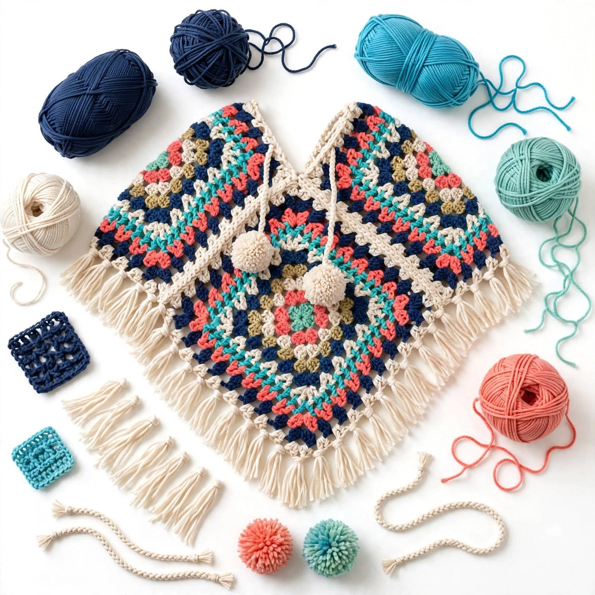 Handmade Crochet Wool Poncho for Girls – Cozy Cape Shawl with Tassels