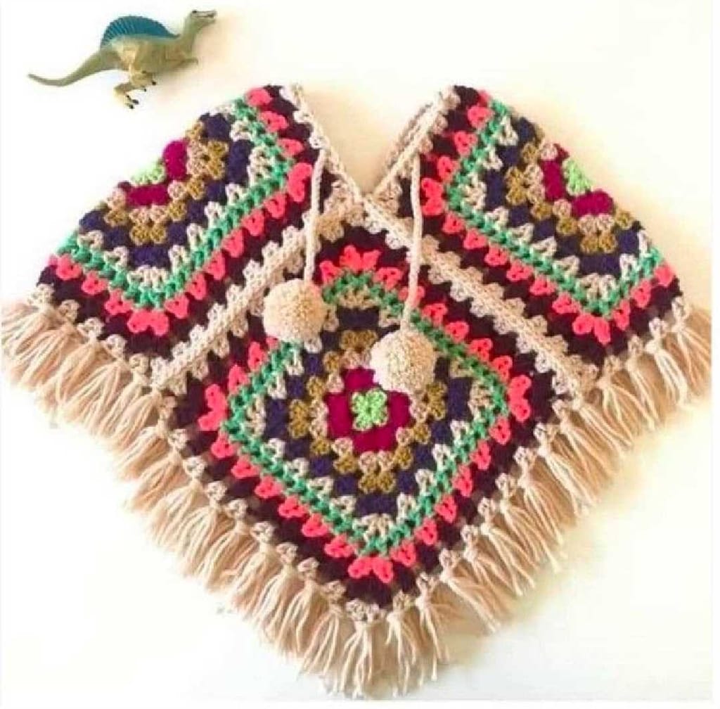 Handmade Crochet Wool Poncho for Girls – Cozy Cape Shawl with Tassels