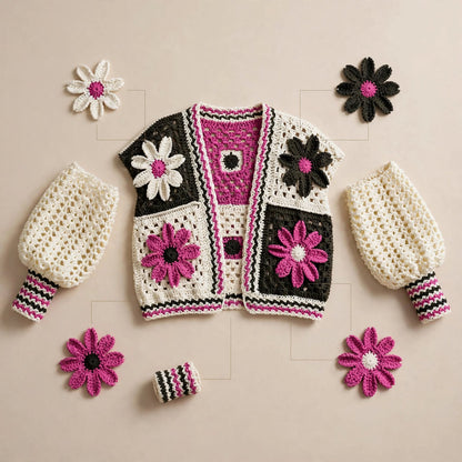 Handmade Crochet Pink Floral Jacket – Black & White Flower Design