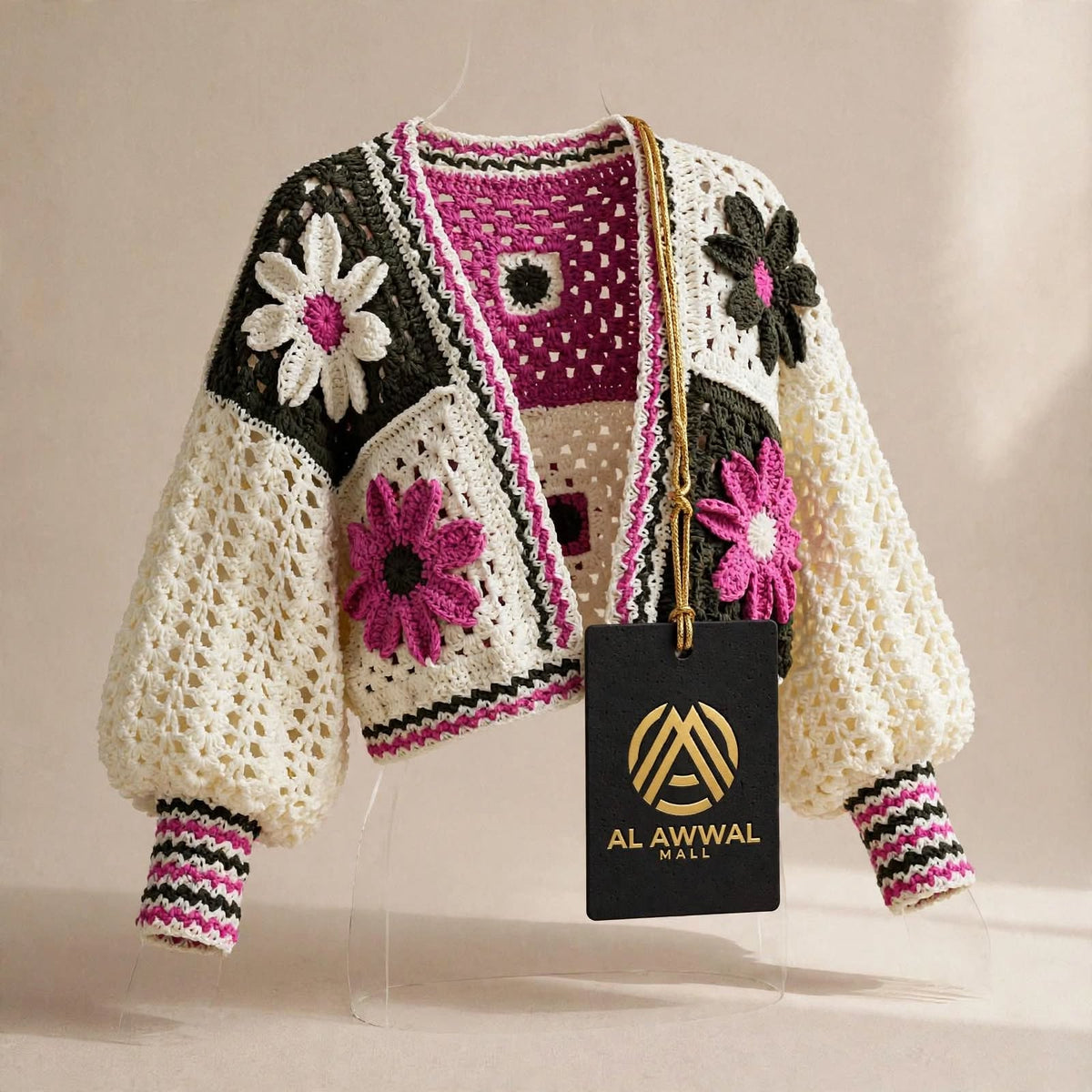 Handmade Crochet Pink Floral Jacket – Black & White Flower Design