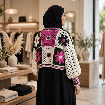 Handmade Crochet Pink Floral Jacket – Black & White Flower Design
