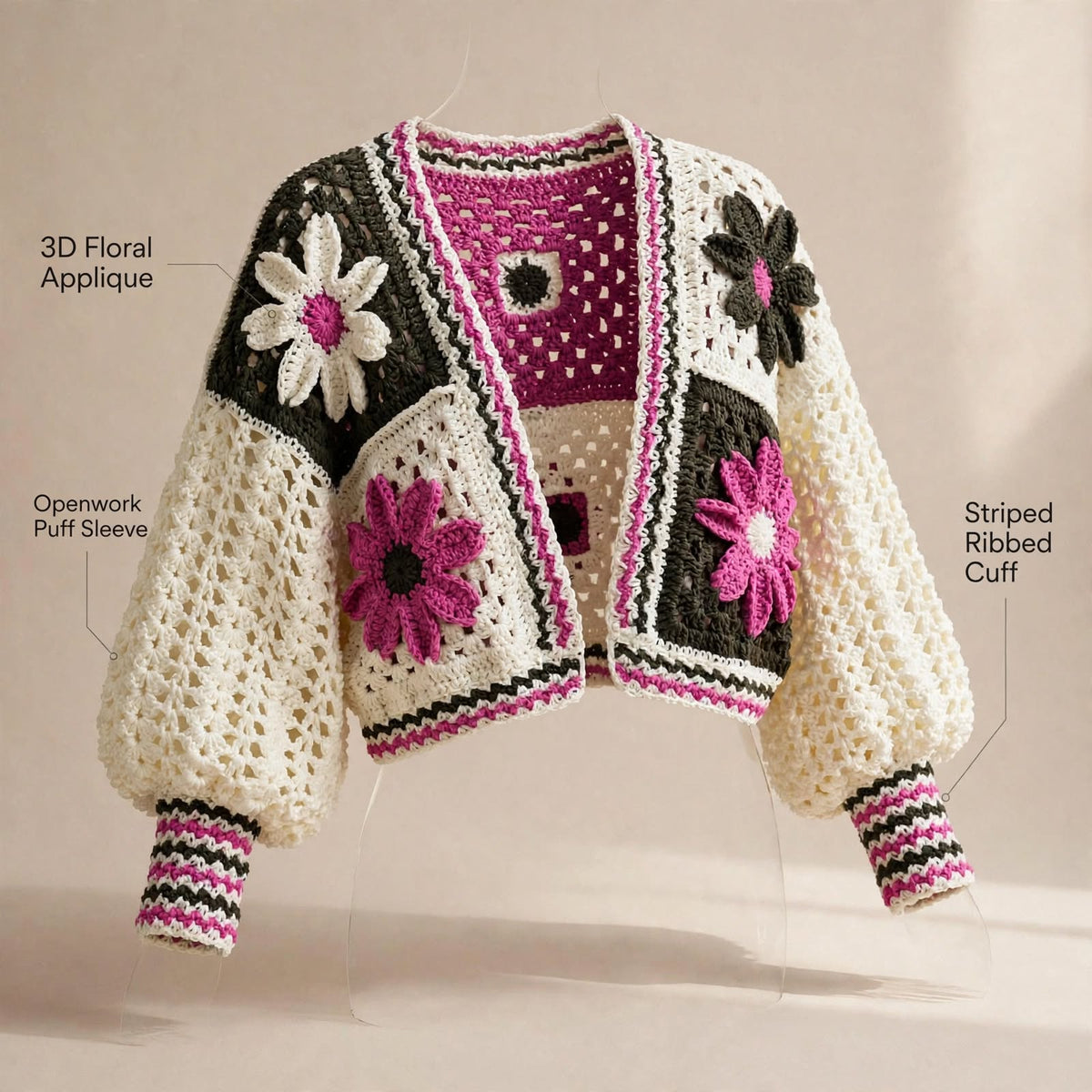 Handmade Crochet Pink Floral Jacket – Black & White Flower Design