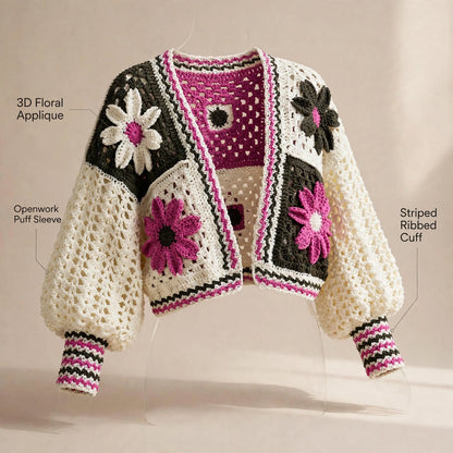 Handmade Crochet Pink Floral Jacket – Black & White Flower Design