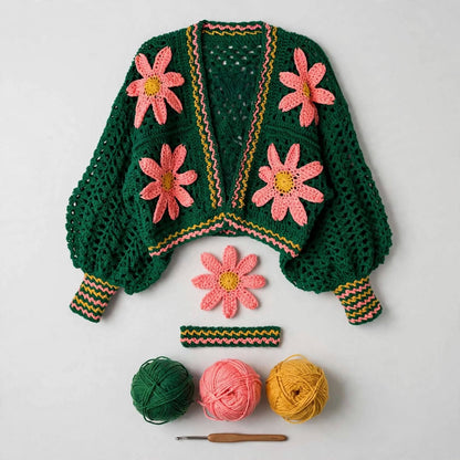 Handmade Crochet Green Floral Button Jacket – Pink Flower Design