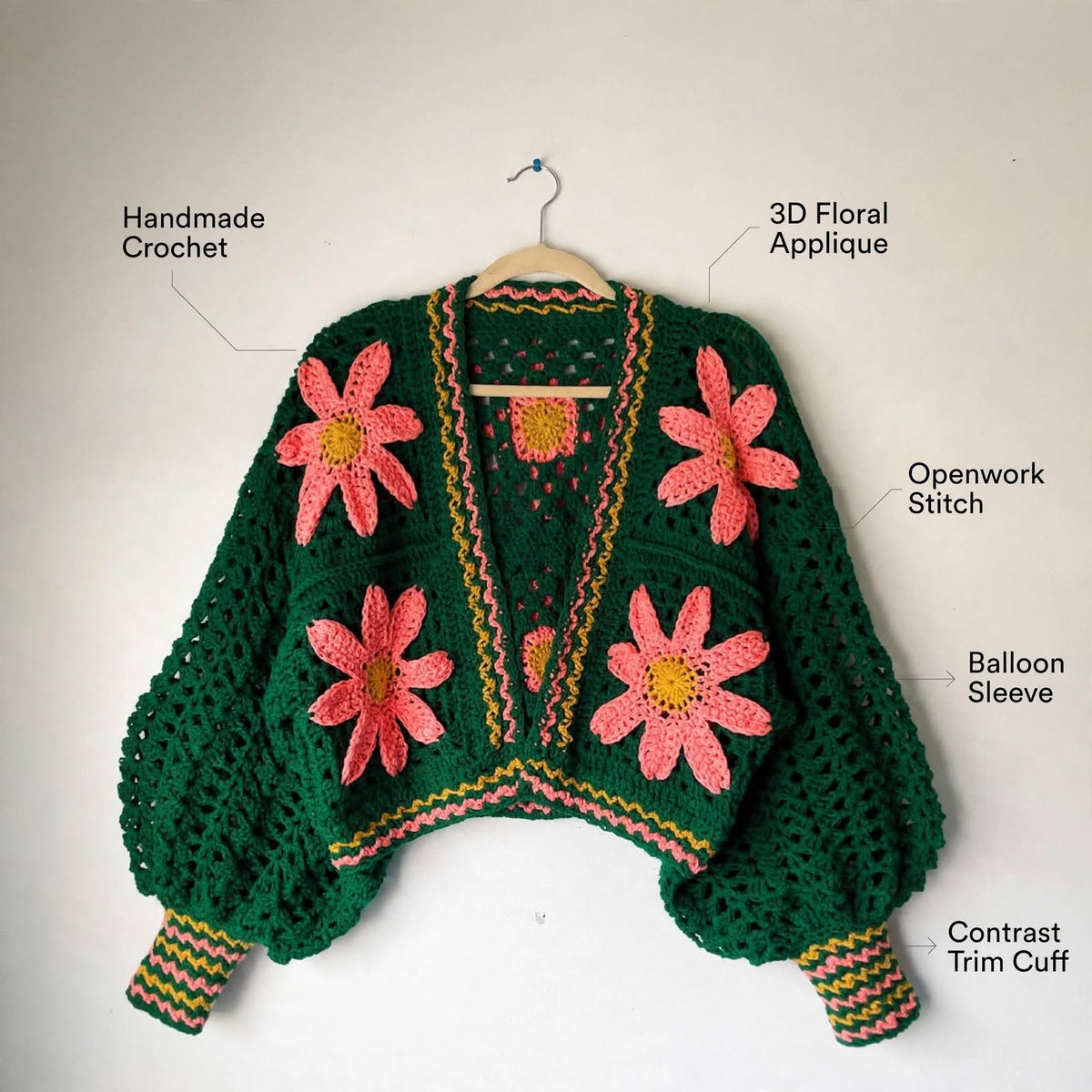 Handmade Crochet Green Floral Button Jacket – Pink Flower Design