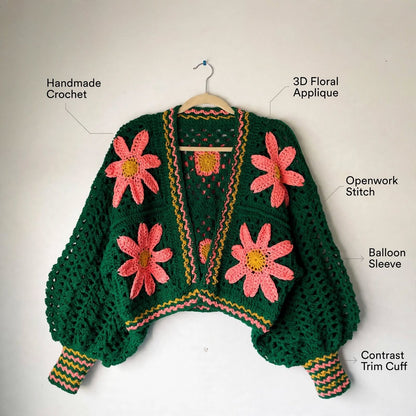 Handmade Crochet Green Floral Button Jacket – Pink Flower Design