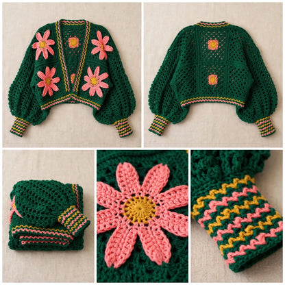 Handmade Crochet Green Floral Button Jacket – Pink Flower Design