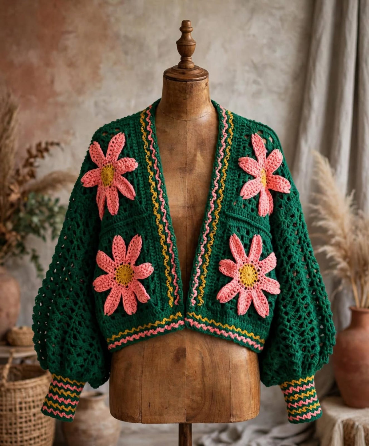 Handmade Crochet Green Floral Button Jacket – Pink Flower Design