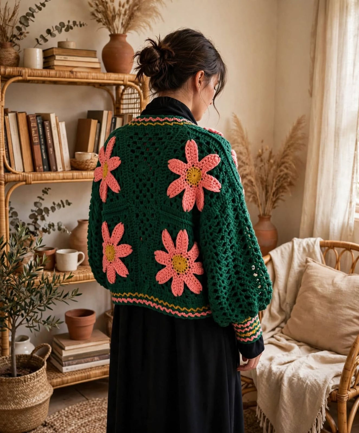 Handmade Crochet Green Floral Button Jacket – Pink Flower Design