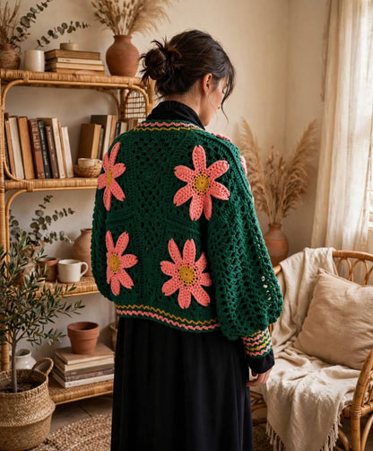 Handmade Crochet Green Floral Button Jacket – Pink Flower Design