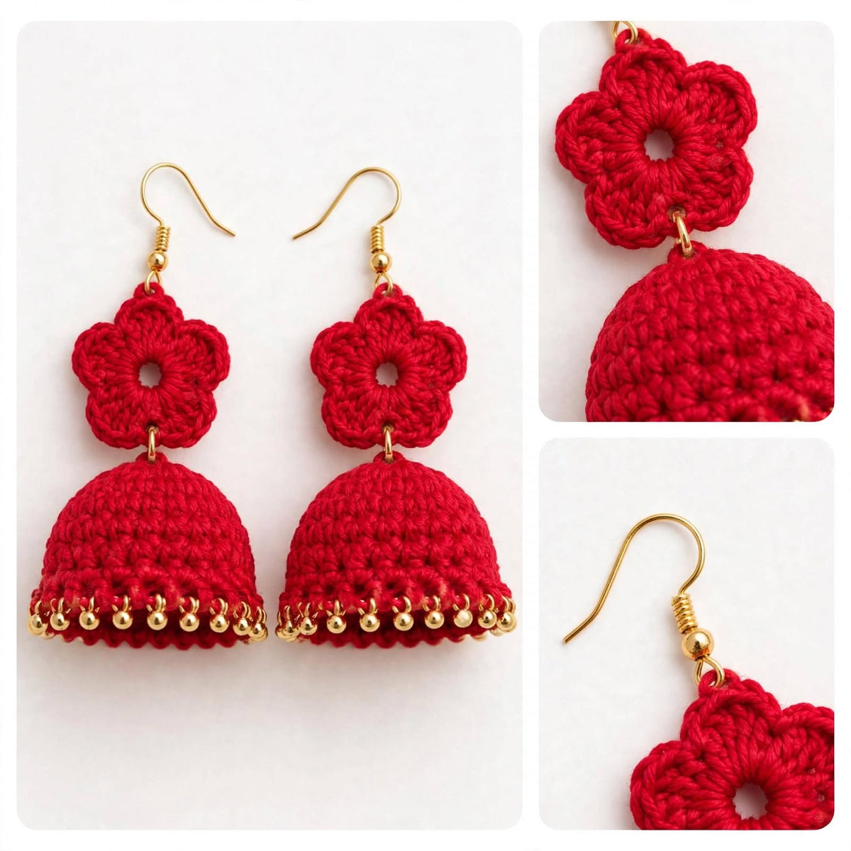 Red Crochet Lotus Jhumka Earrings