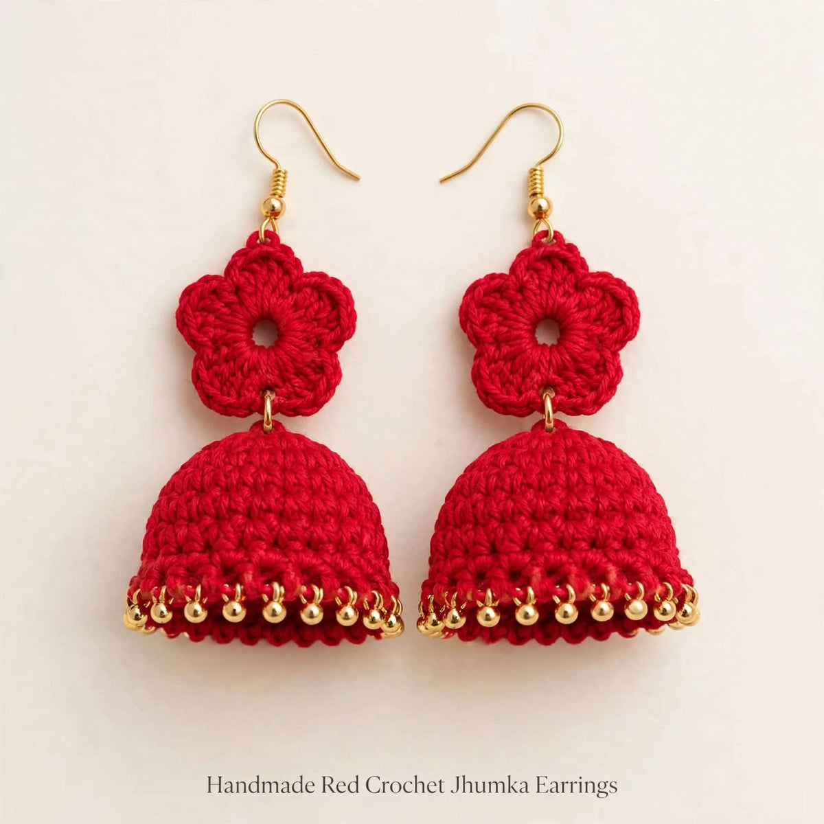 Red Crochet Lotus Jhumka Earrings