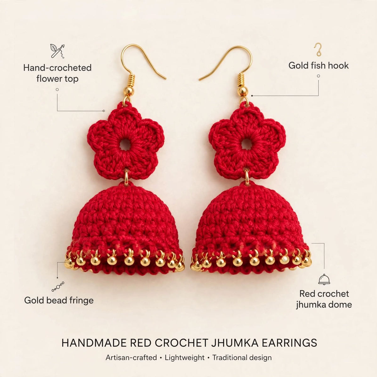 Red Crochet Lotus Jhumka Earrings
