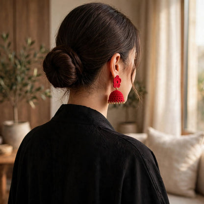 Red Crochet Lotus Jhumka Earrings