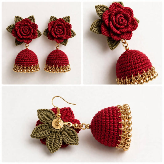 Homemade Red Floral Chrochet Jumka for Girls..