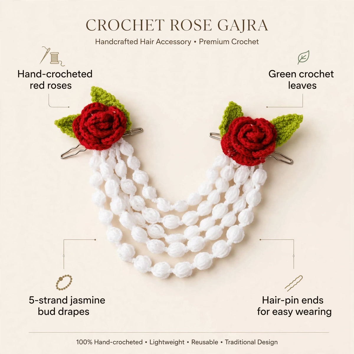 Crochet Red & White Rose Hair Gajra – Bridal Bun Accessory