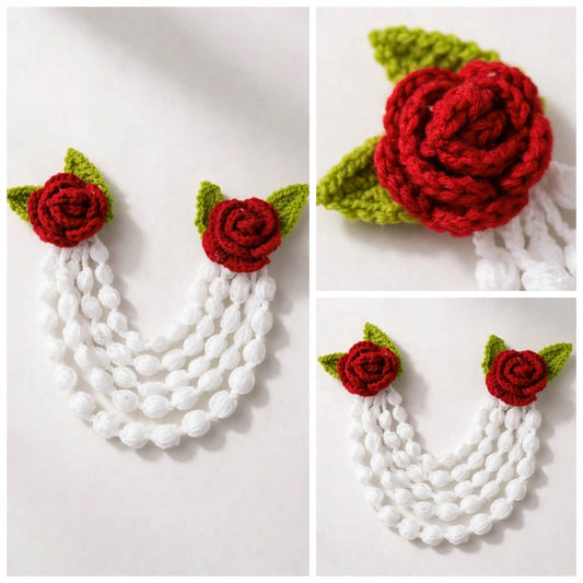 Crochet Red & White Rose Hair Gajra – Bridal Bun Accessory