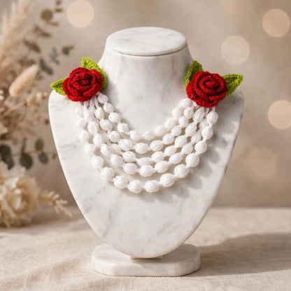 Crochet Red & White Rose Hair Gajra – Bridal Bun Accessory