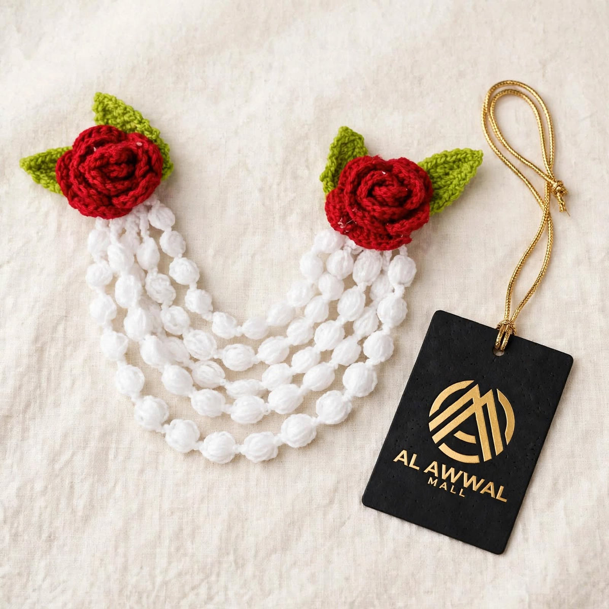 Crochet Red & White Rose Hair Gajra – Bridal Bun Accessory