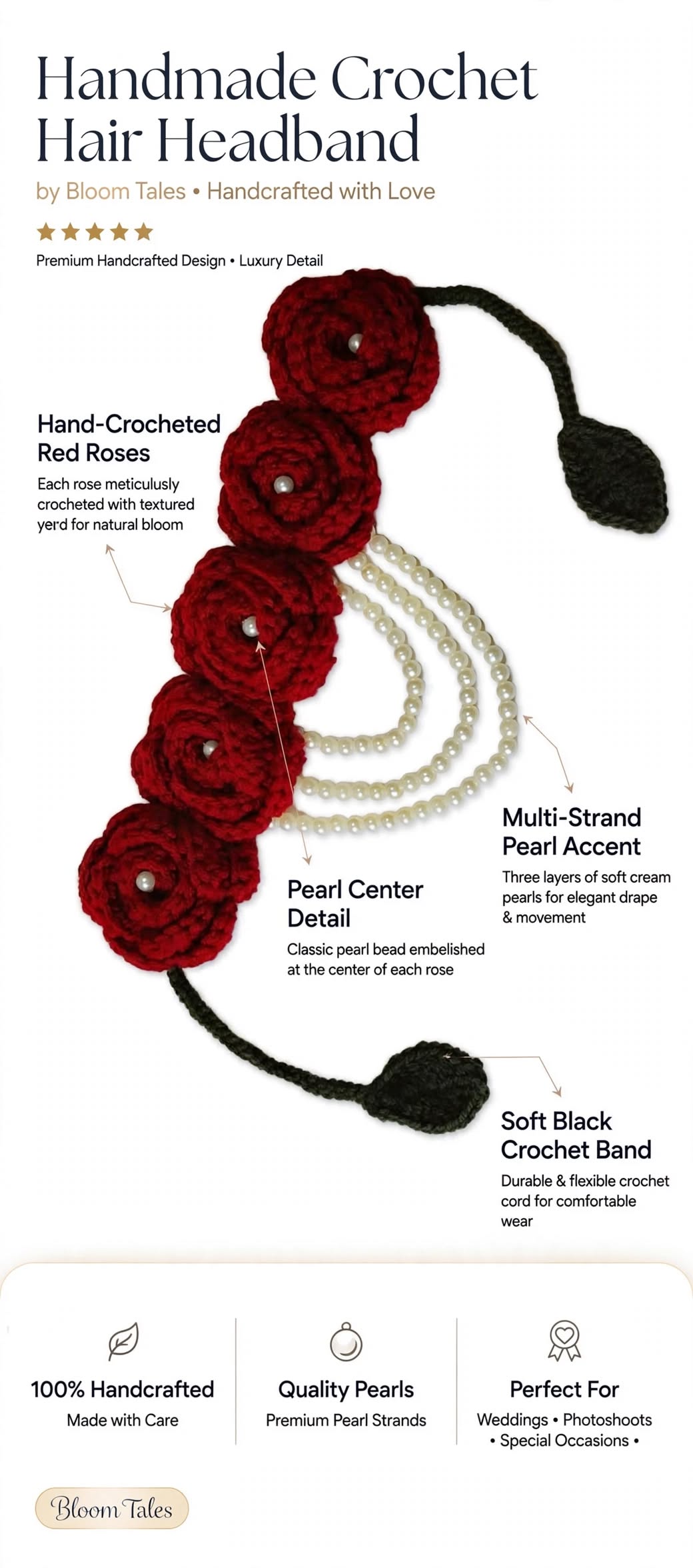 Handmade Crochet Rose Hair Band & Bun Wrap For Girls