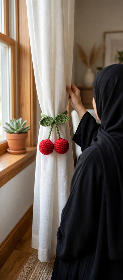 Handmade Crochet Green Curtain Ring – Leaf Butterfly Design with Red Ball Hangings