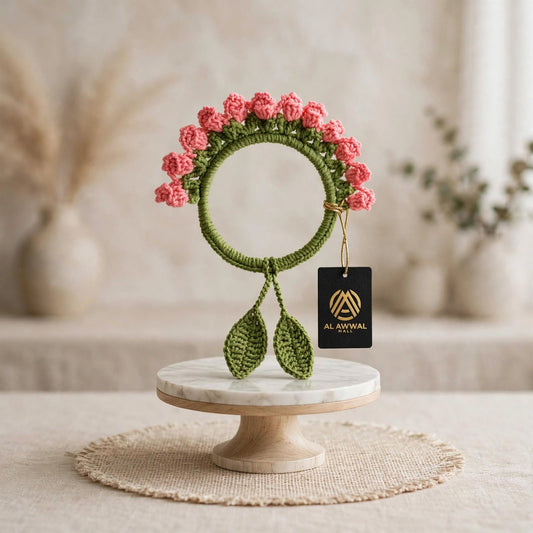 Handmade Crochet Peach Flower Curtain Ring – Green Floral Hanging Curtain Holder