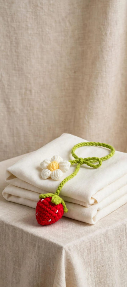 Handmade Crochet Curtain Tieback – Green Butterfly, White Flower & Strawberry Design