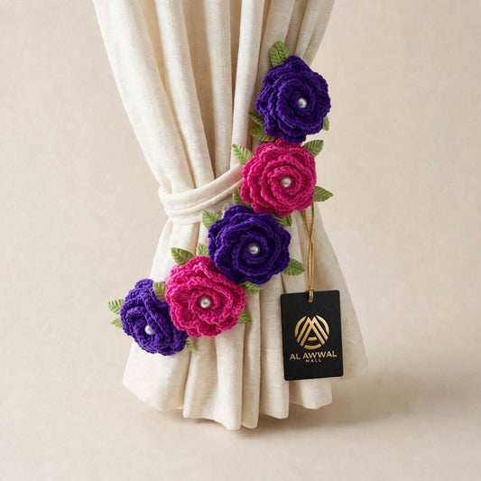 Handmade Crochet Curtain Holder – Navy Blue & Dark Pink Rose Floral Design with Pearls