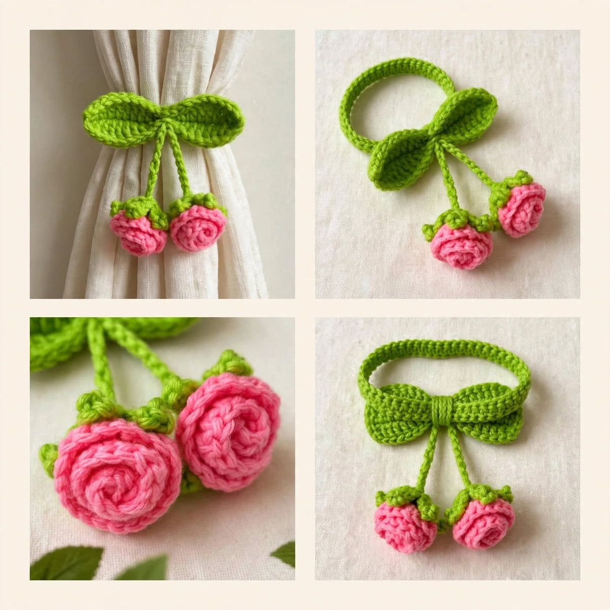 Handmade Crochet Green Curtain Ring – Baby Pink Rose Flower Hanging Design