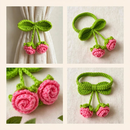 Handmade Crochet Green Curtain Ring – Baby Pink Rose Flower Hanging Design
