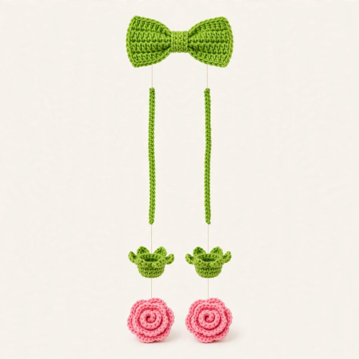 Handmade Crochet Green Curtain Ring – Baby Pink Rose Flower Hanging Design