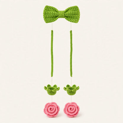 Handmade Crochet Green Curtain Ring – Baby Pink Rose Flower Hanging Design