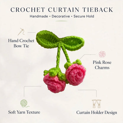 Handmade Crochet Green Curtain Ring – Baby Pink Rose Flower Hanging Design