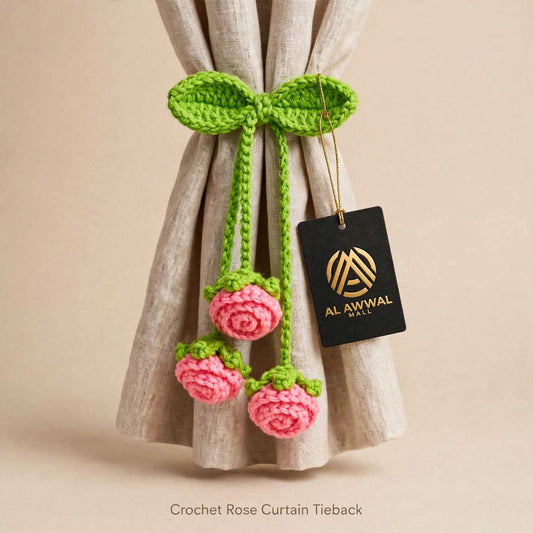 Handmade Crochet Green Curtain Ring – Baby Pink Rose Flower Hanging Design